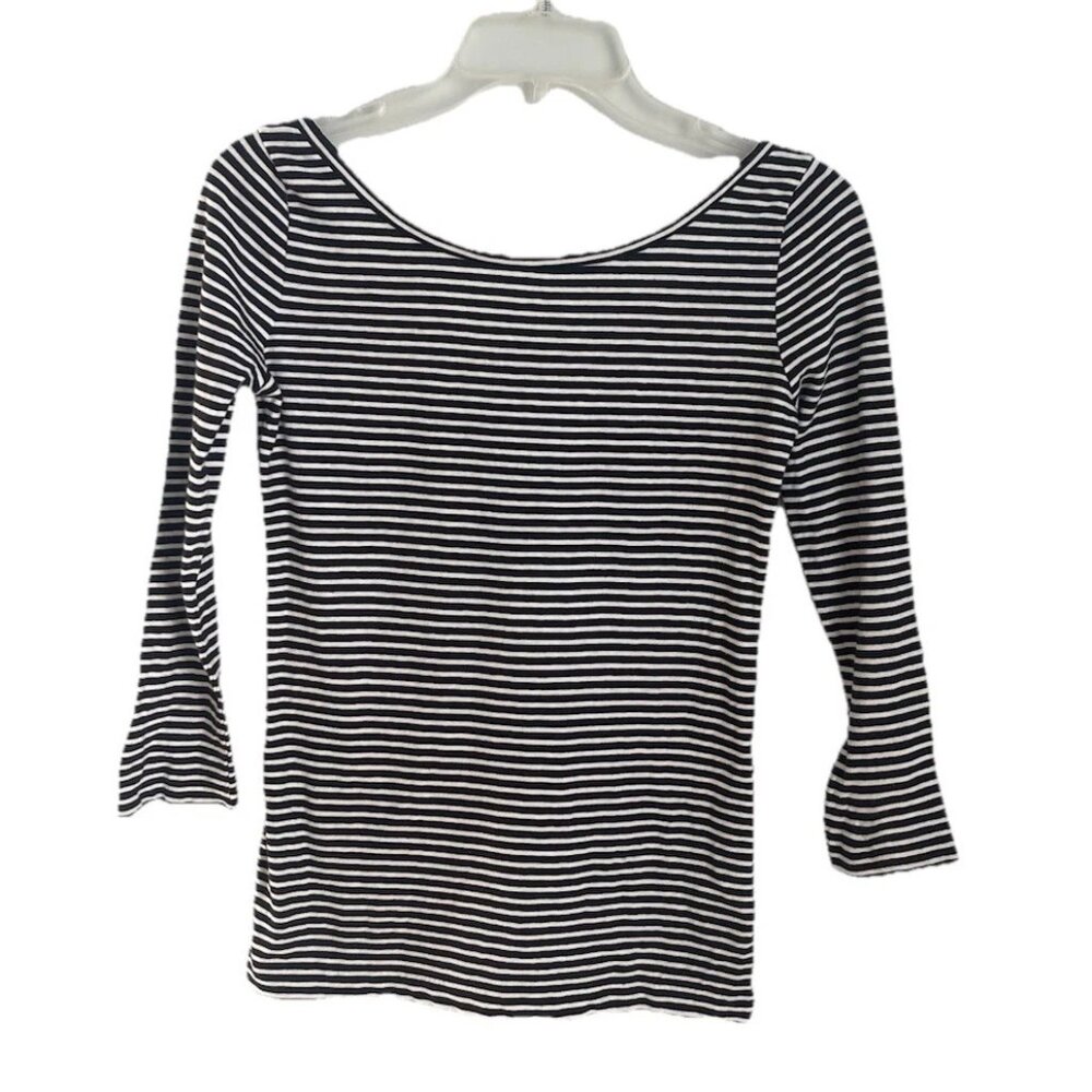 J Crew Black Ivory Striped Scoop Back 3/4 Sleeve Linen Blend Top